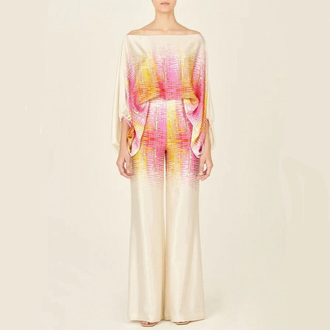 Women's One-Shoulder Two-Piece Set Printed Flowy Top Wide-Leg Pants Vacation Summer Outfit - Victrafia