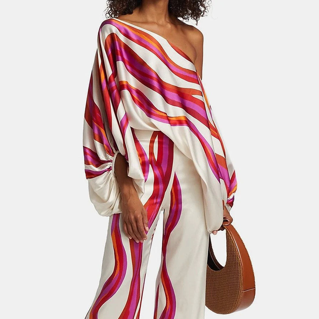 Women's One-Shoulder Two-Piece Set Printed Flowy Top Wide-Leg Pants Vacation Summer Outfit - Victrafia