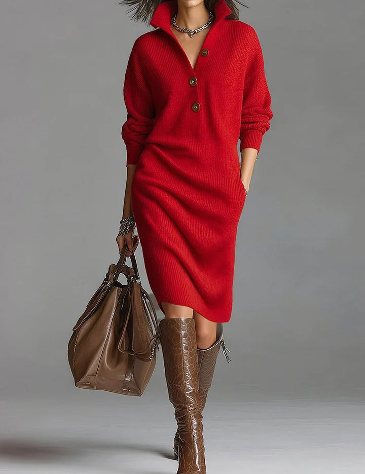 Women's Oversized Knit Sweater Dress Long Sleeve Button-Neck Casual Winter - Victrafia