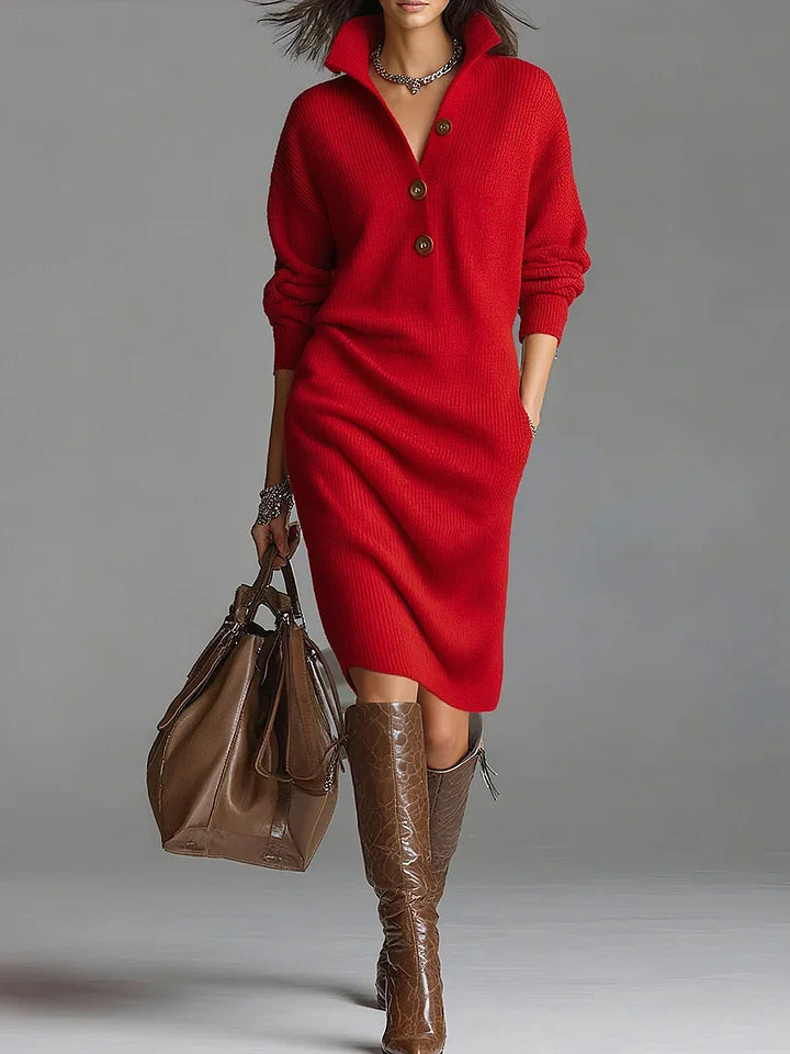 Women's Oversized Knit Sweater Dress Long Sleeve Button-Neck Casual Winter - Victrafia