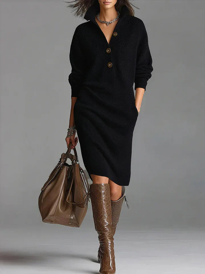 Women's Oversized Knit Sweater Dress Long Sleeve Button-Neck Casual Winter - Victrafia
