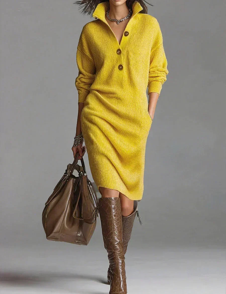 Women's Oversized Knit Sweater Dress Long Sleeve Button-Neck Casual Winter - Victrafia