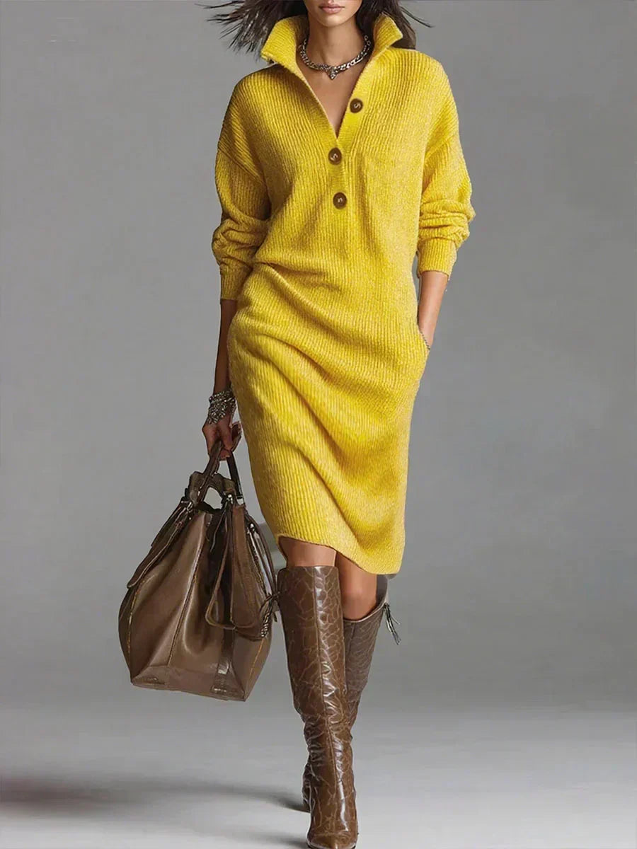 Women's Oversized Knit Sweater Dress Long Sleeve Button-Neck Casual Winter - Victrafia