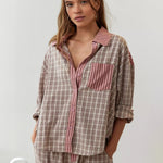 Women's Plaid Contrast Pajama Set Long Sleeve Shirt Wide Leg Pants Loungewear - Victrafia