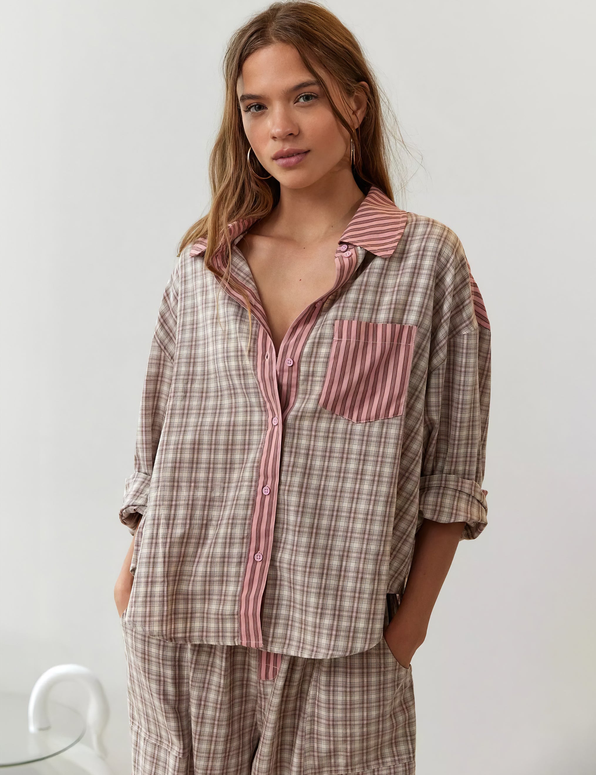 Women's Plaid Contrast Pajama Set Long Sleeve Shirt Wide Leg Pants Loungewear - Victrafia