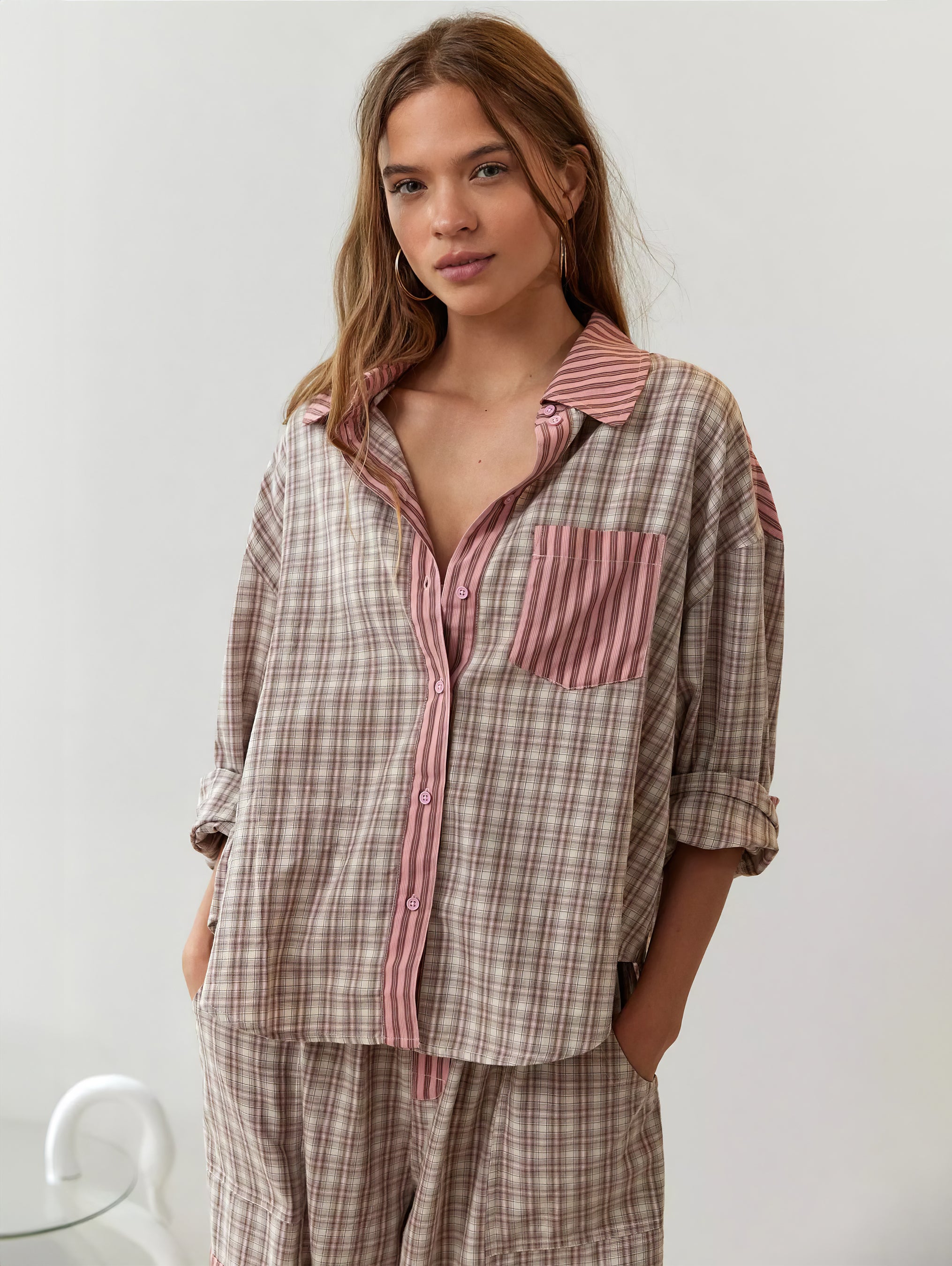 Women's Plaid Contrast Pajama Set Long Sleeve Shirt Wide Leg Pants Loungewear - Victrafia
