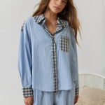 Women's Plaid Contrast Pajama Set Long Sleeve Shirt Wide Leg Pants Loungewear - Victrafia