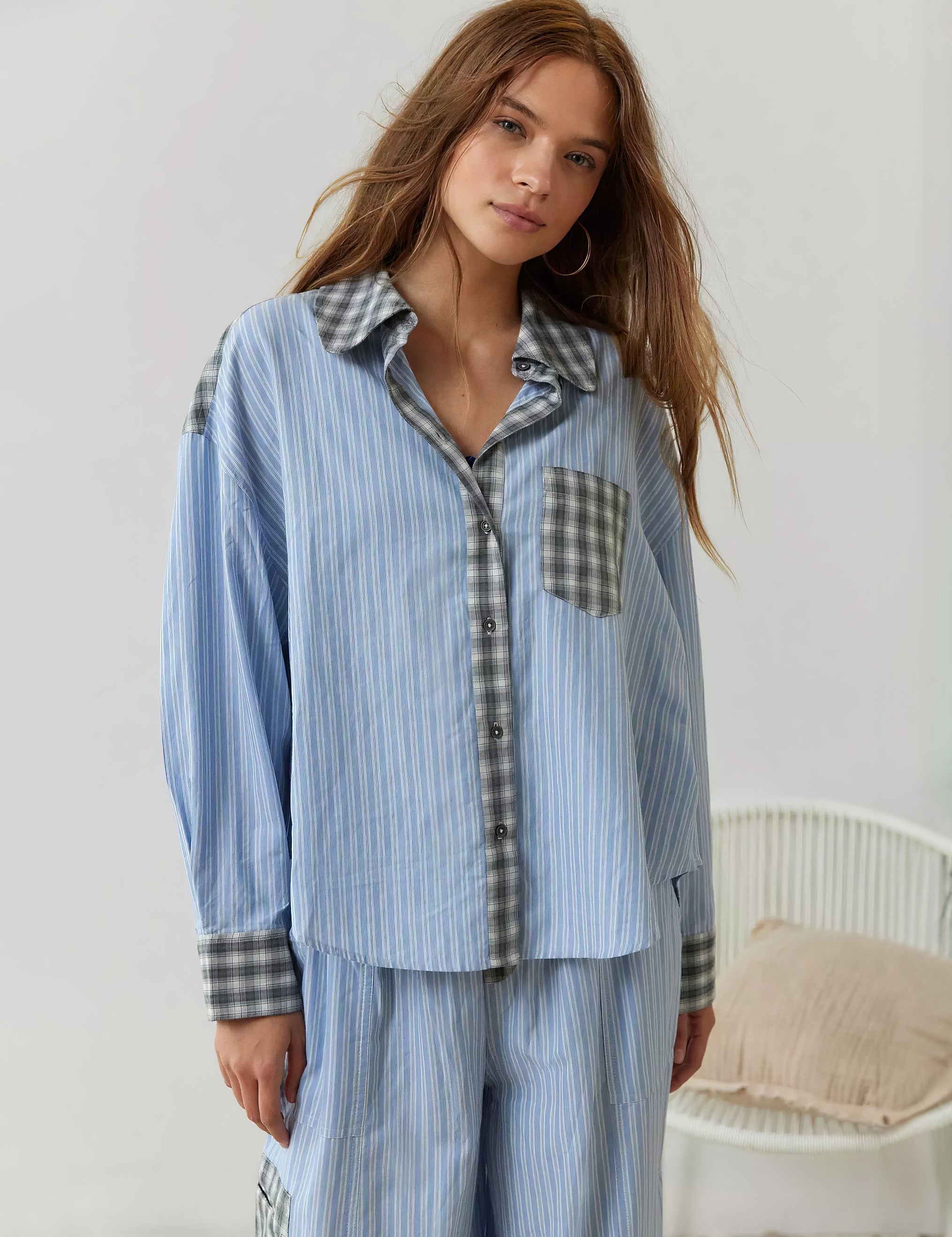 Women's Plaid Contrast Pajama Set Long Sleeve Shirt Wide Leg Pants Loungewear - Victrafia