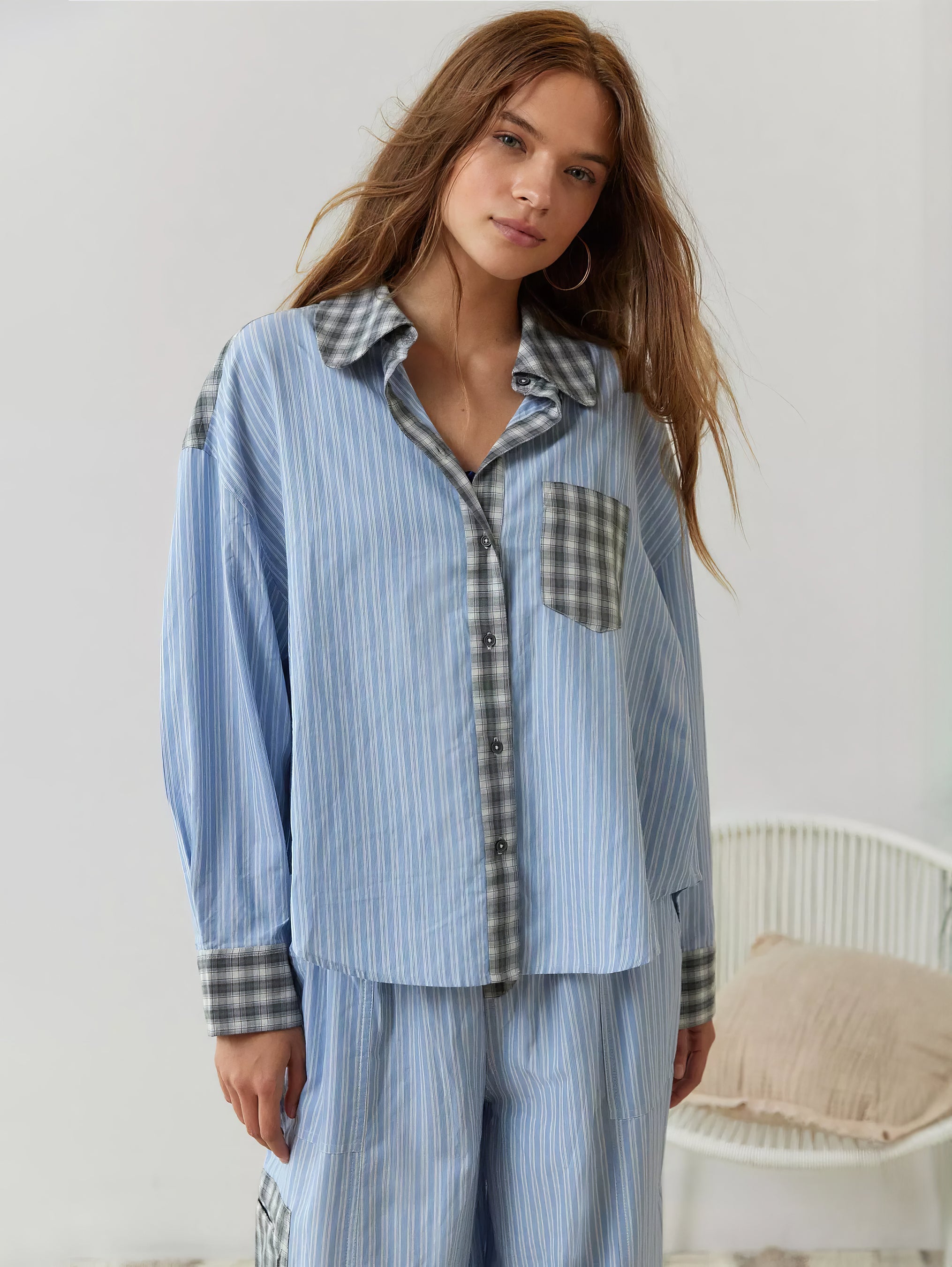 Women's Plaid Contrast Pajama Set Long Sleeve Shirt Wide Leg Pants Loungewear - Victrafia