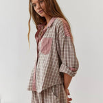 Women's Plaid Contrast Pajama Set Long Sleeve Shirt Wide Leg Pants Loungewear - Victrafia