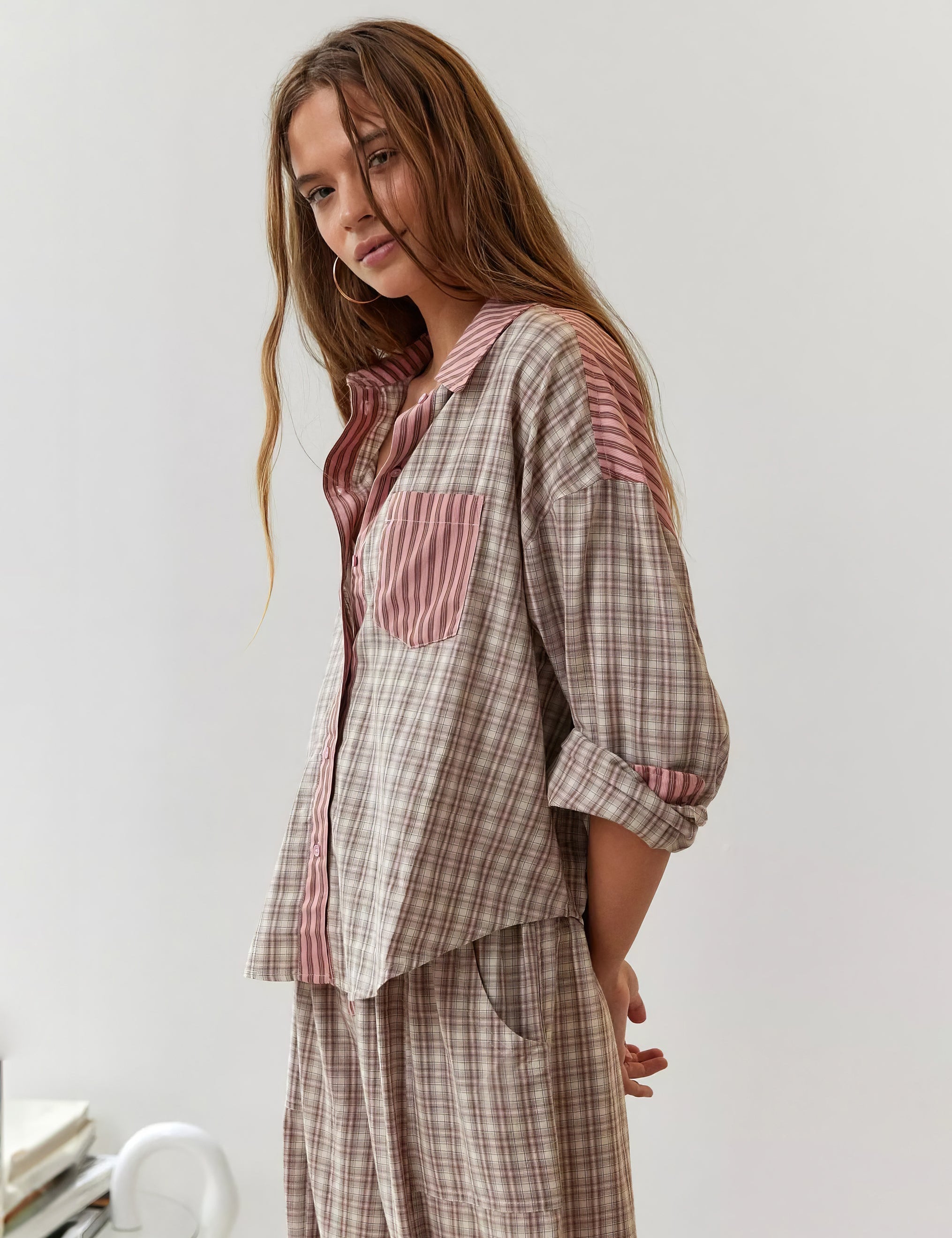 Women's Plaid Contrast Pajama Set Long Sleeve Shirt Wide Leg Pants Loungewear - Victrafia