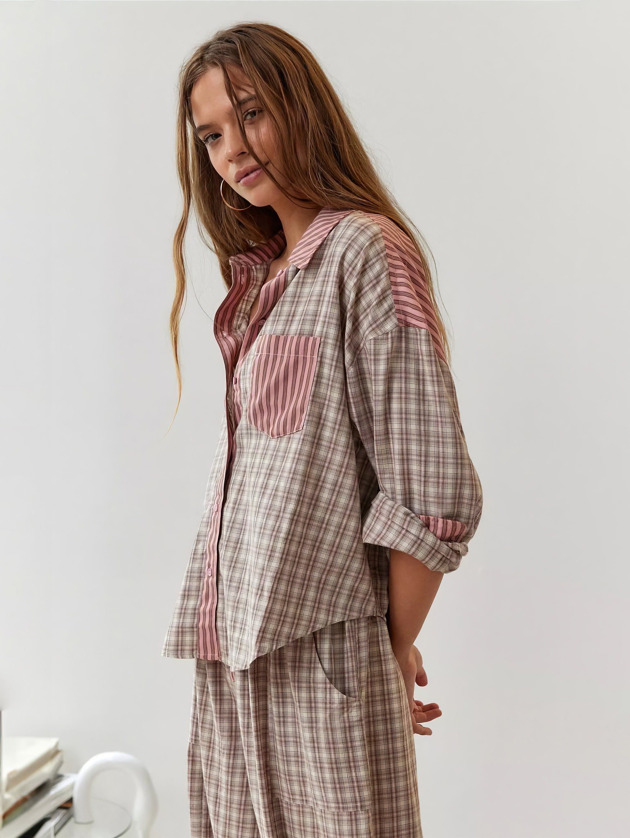 Women's Plaid Contrast Pajama Set Long Sleeve Shirt Wide Leg Pants Loungewear - Victrafia