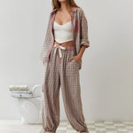 Women's Plaid Contrast Pajama Set Long Sleeve Shirt Wide Leg Pants Loungewear - Victrafia