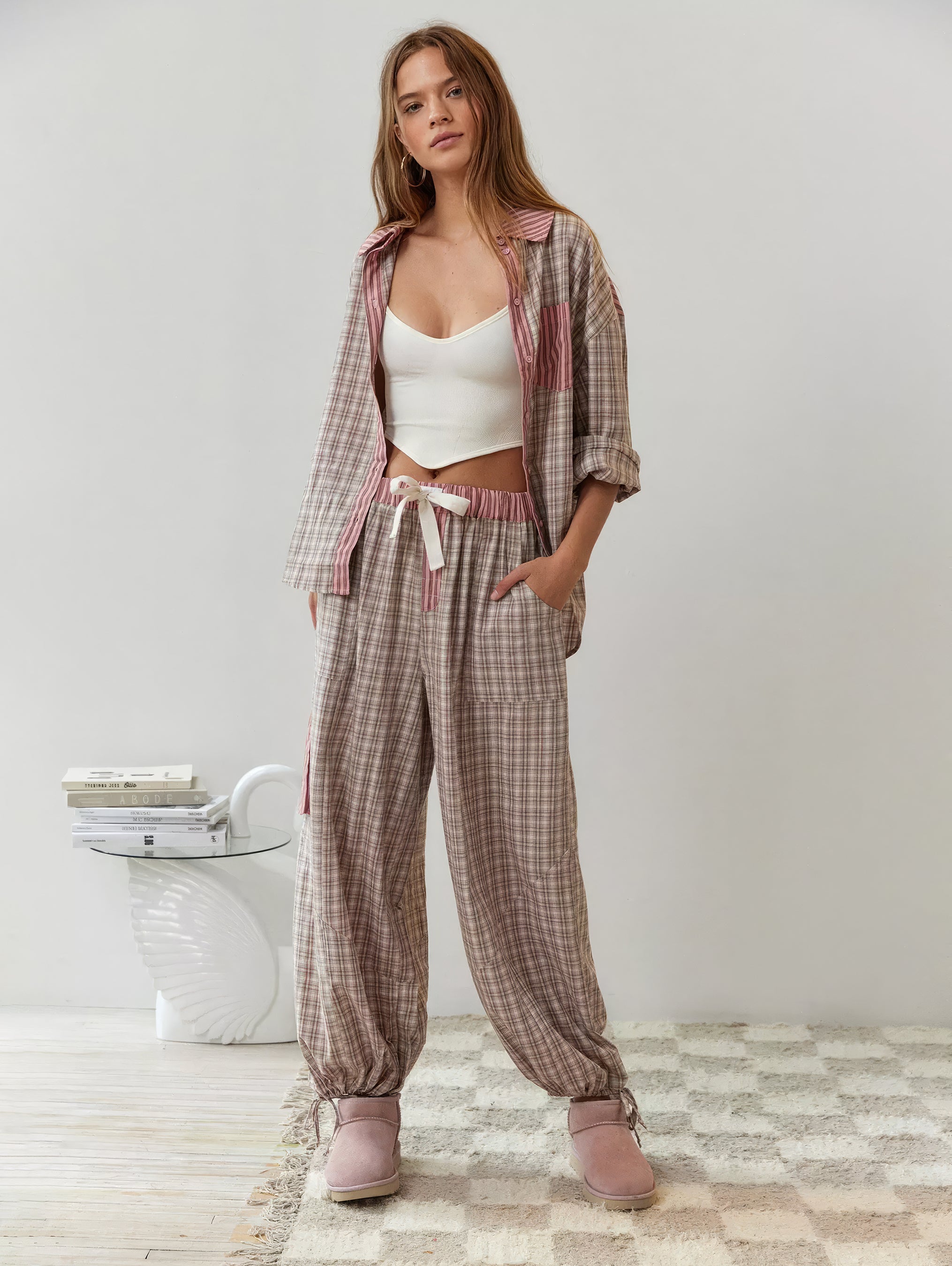 Women's Plaid Contrast Pajama Set Long Sleeve Shirt Wide Leg Pants Loungewear - Victrafia