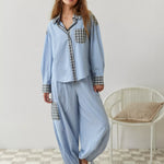 Women's Plaid Contrast Pajama Set Long Sleeve Shirt Wide Leg Pants Loungewear - Victrafia