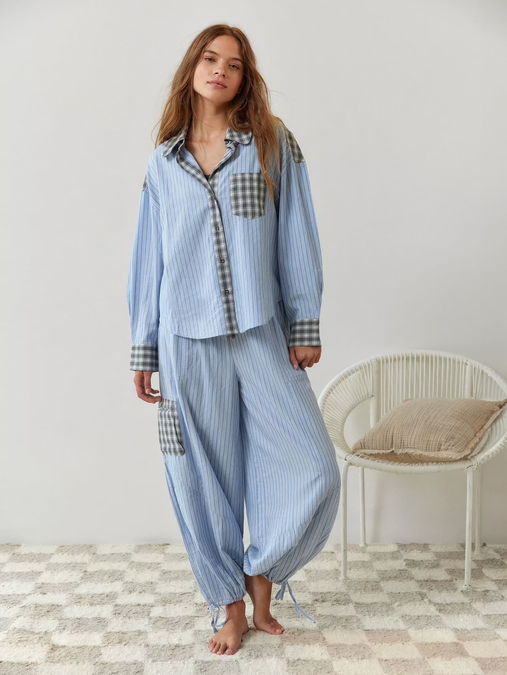 Women's Plaid Contrast Pajama Set Long Sleeve Shirt Wide Leg Pants Loungewear - Victrafia