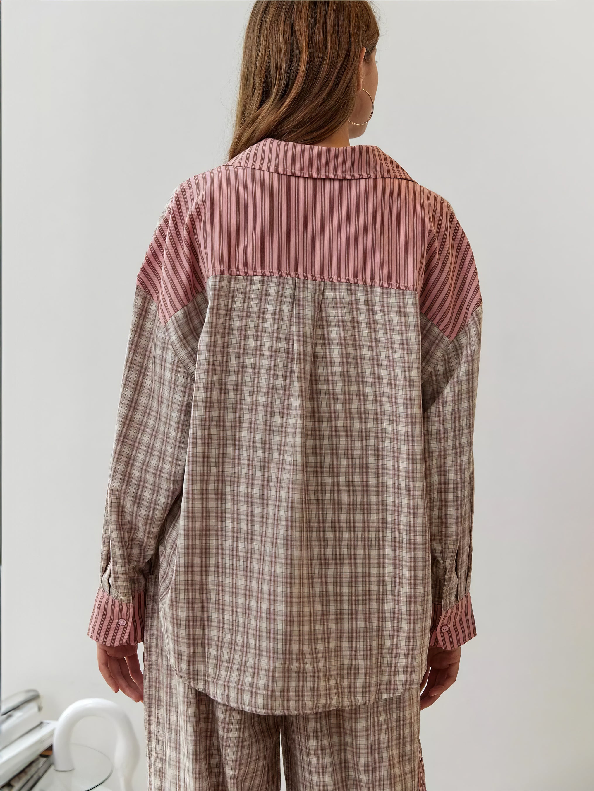 Women's Plaid Contrast Pajama Set Long Sleeve Shirt Wide Leg Pants Loungewear - Victrafia