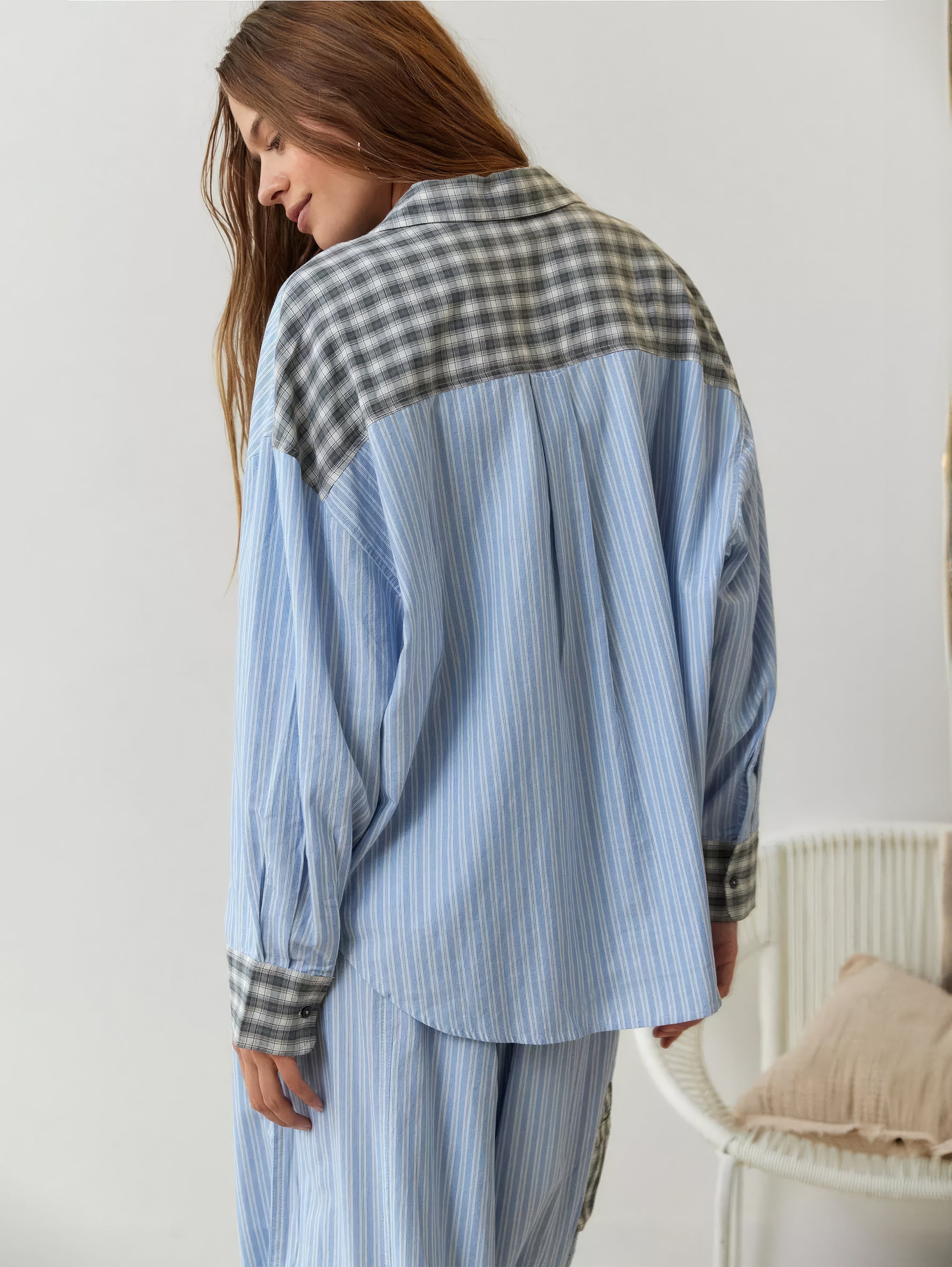 Women's Plaid Contrast Pajama Set Long Sleeve Shirt Wide Leg Pants Loungewear - Victrafia