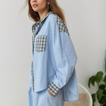 Women's Plaid Contrast Pajama Set Long Sleeve Shirt Wide Leg Pants Loungewear - Victrafia