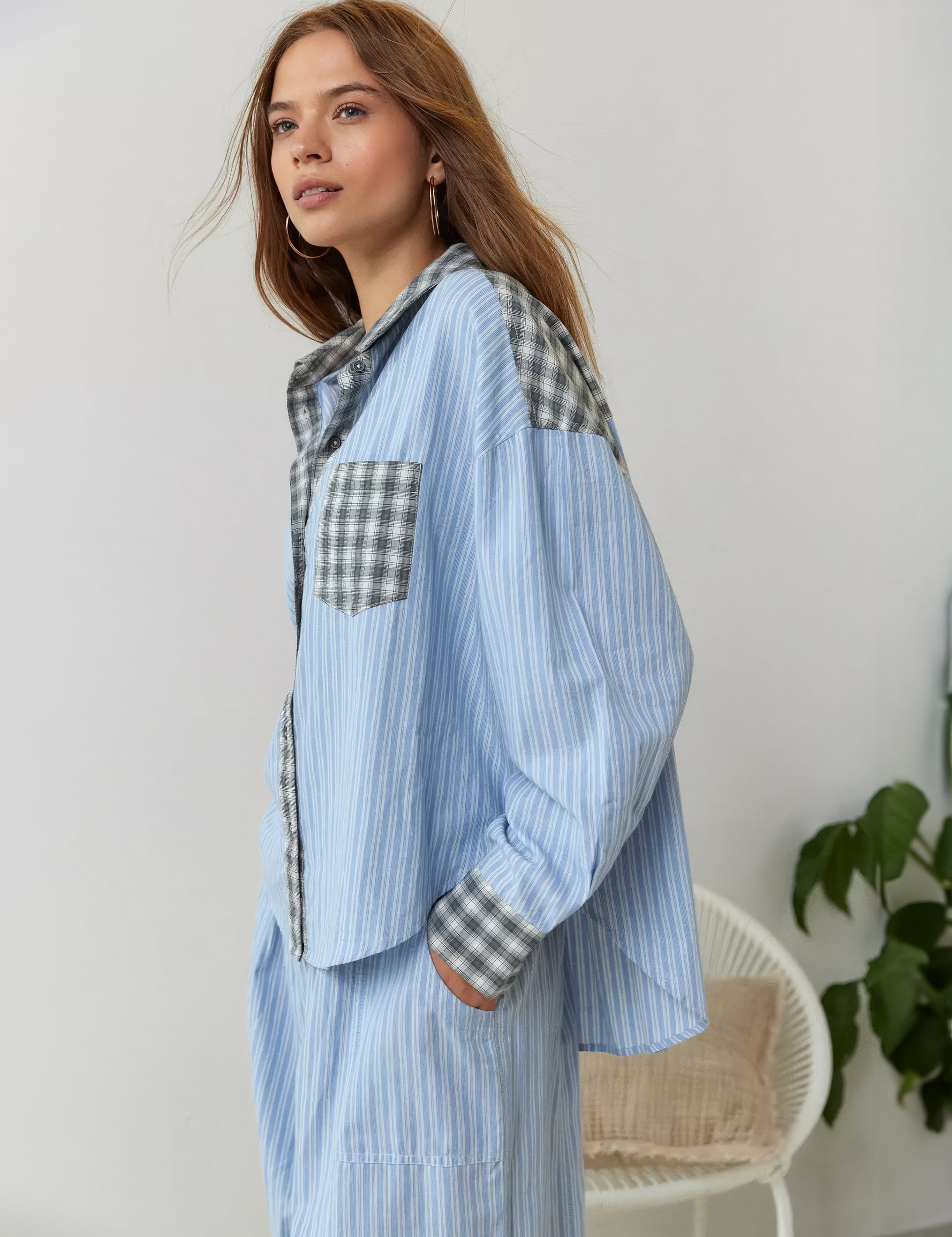 Women's Plaid Contrast Pajama Set Long Sleeve Shirt Wide Leg Pants Loungewear - Victrafia
