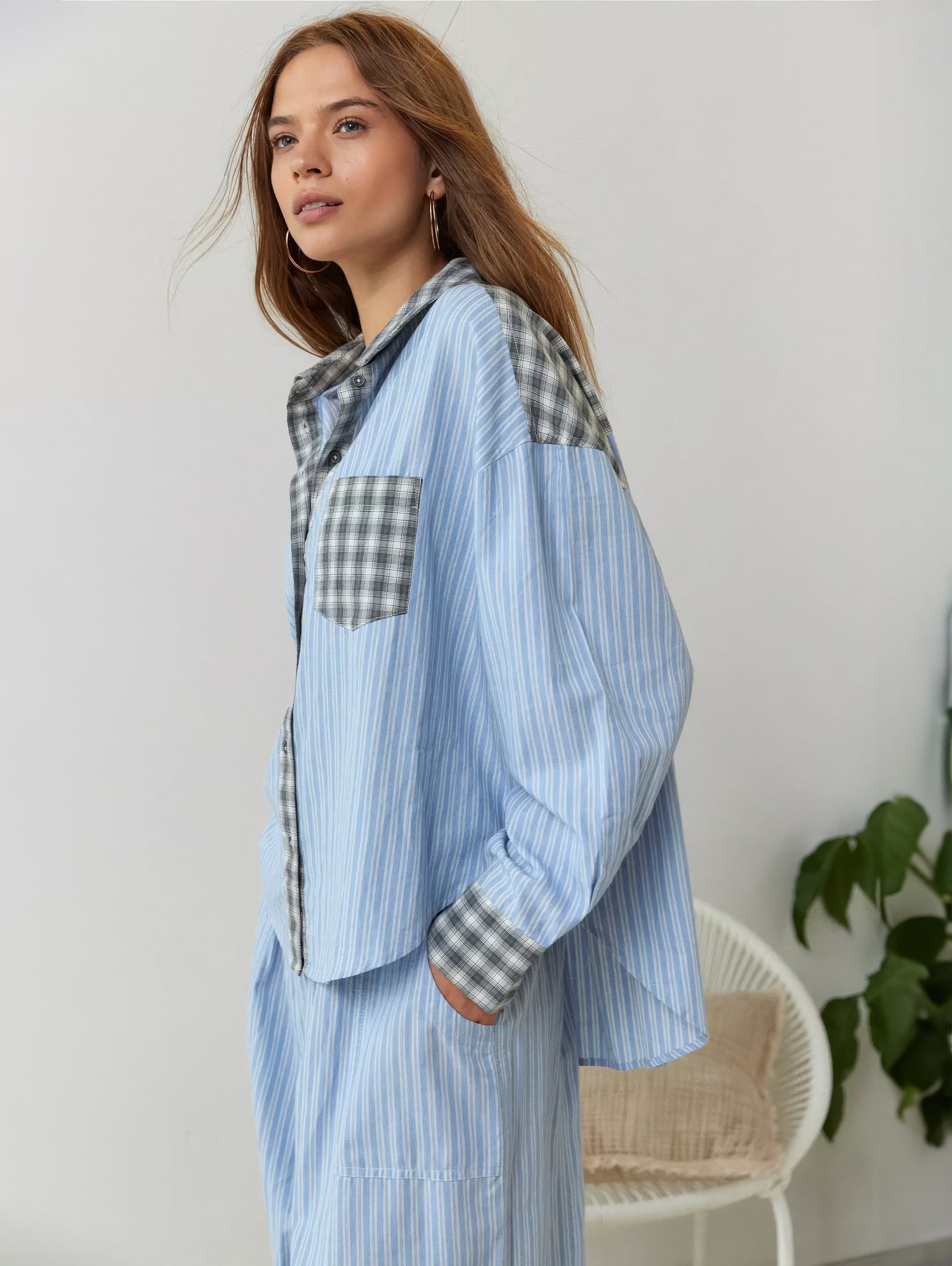 Women's Plaid Contrast Pajama Set Long Sleeve Shirt Wide Leg Pants Loungewear - Victrafia