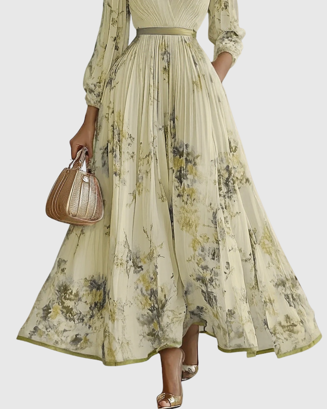 Women's Pleated Floral Midi Dress Wedding Guest V-Neck Ribbon Waist Flowy Summer - Victrafia