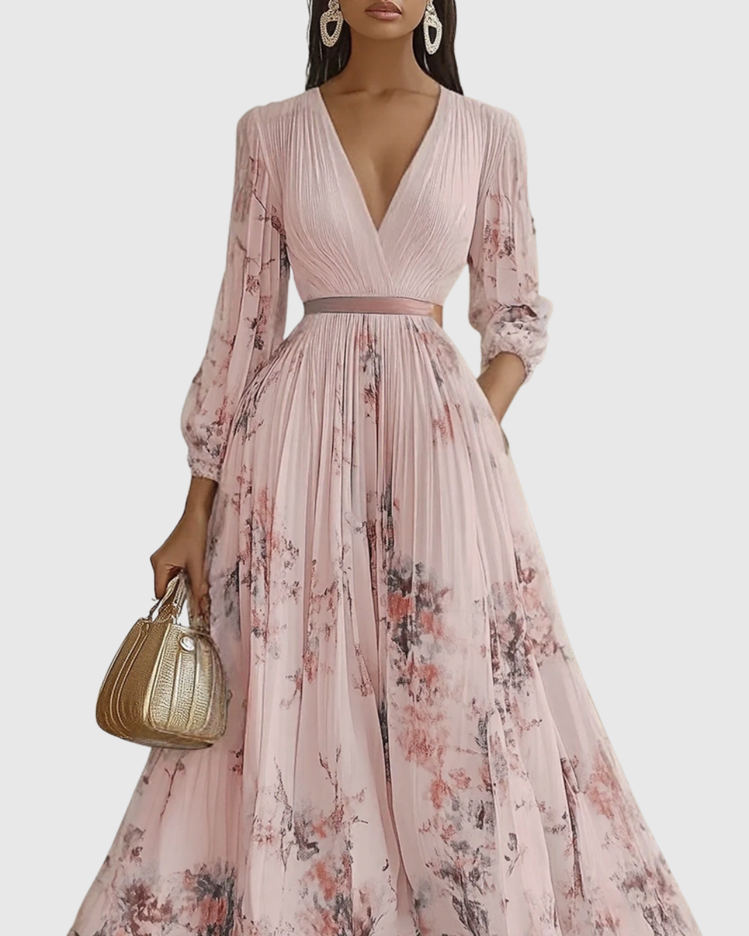 Women's Pleated Floral Midi Dress Wedding Guest V-Neck Ribbon Waist Flowy Summer - Victrafia