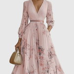 Women's Pleated Floral Midi Dress Wedding Guest V-Neck Ribbon Waist Flowy Summer - Victrafia