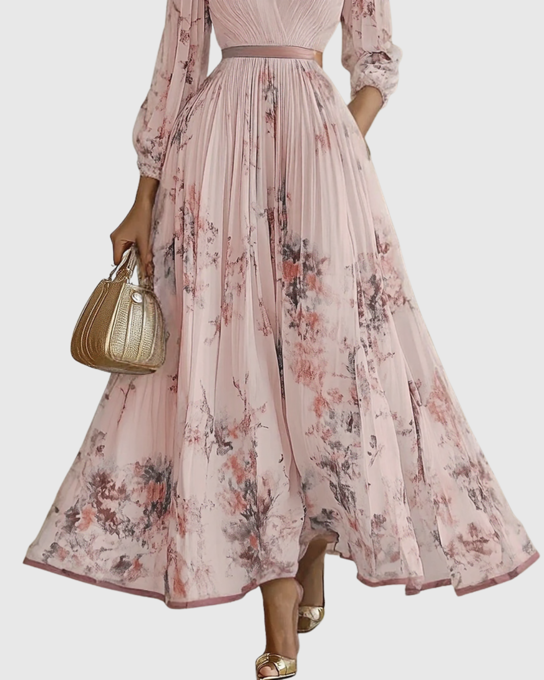 Women's Pleated Floral Midi Dress Wedding Guest V-Neck Ribbon Waist Flowy Summer - Victrafia