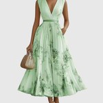 Women's Pleated Floral Midi Dress Wedding Guest V-Neck Ribbon Waist Flowy Summer - Victrafia
