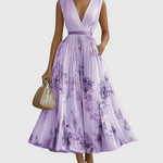 Women's Pleated Floral Midi Dress Wedding Guest V-Neck Ribbon Waist Flowy Summer - Victrafia