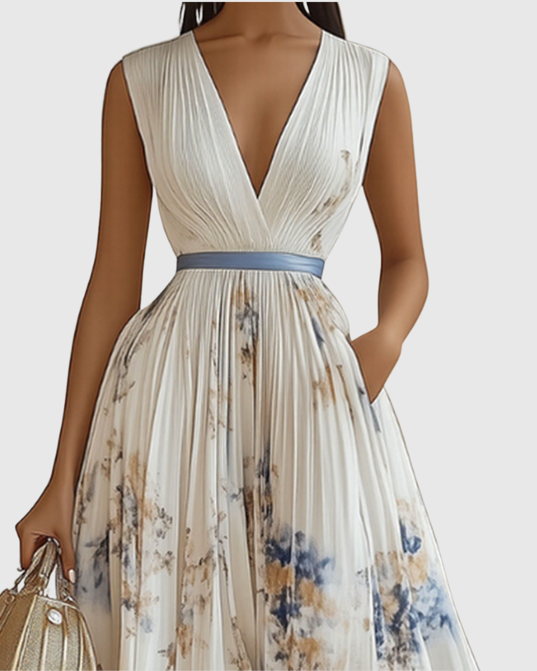 Women's Pleated Floral Midi Dress Wedding Guest V-Neck Ribbon Waist Flowy Summer - Victrafia