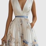 Women's Pleated Floral Midi Dress Wedding Guest V-Neck Ribbon Waist Flowy Summer - Victrafia