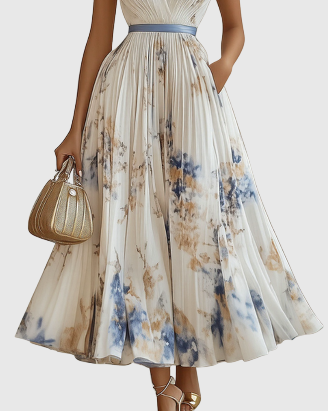 Women's Pleated Floral Midi Dress Wedding Guest V-Neck Ribbon Waist Flowy Summer - Victrafia