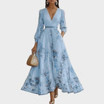 Women's Pleated Floral Midi Dress Wedding Guest V-Neck Ribbon Waist Flowy Summer - Victrafia