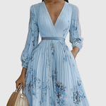 Women's Pleated Floral Midi Dress Wedding Guest V-Neck Ribbon Waist Flowy Summer - Victrafia