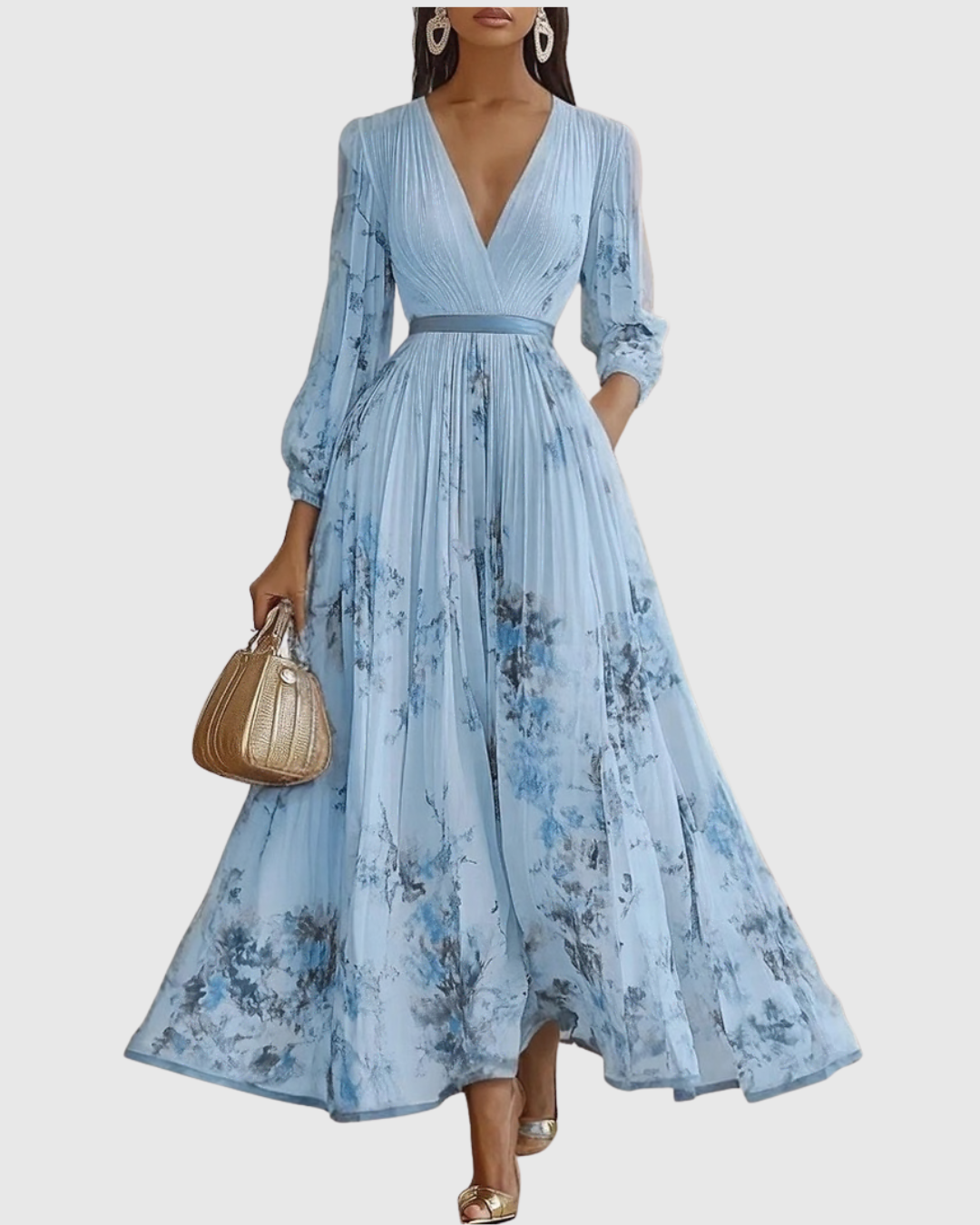 Women's Pleated Floral Midi Dress Wedding Guest V-Neck Ribbon Waist Flowy Summer - Victrafia