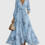 Women's Pleated Floral Midi Dress Wedding Guest V-Neck Ribbon Waist Flowy Summer - Victrafia