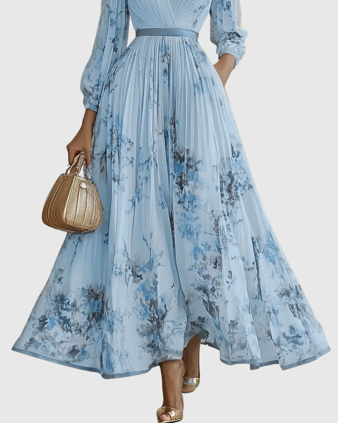 Women's Pleated Floral Midi Dress Wedding Guest V-Neck Ribbon Waist Flowy Summer - Victrafia