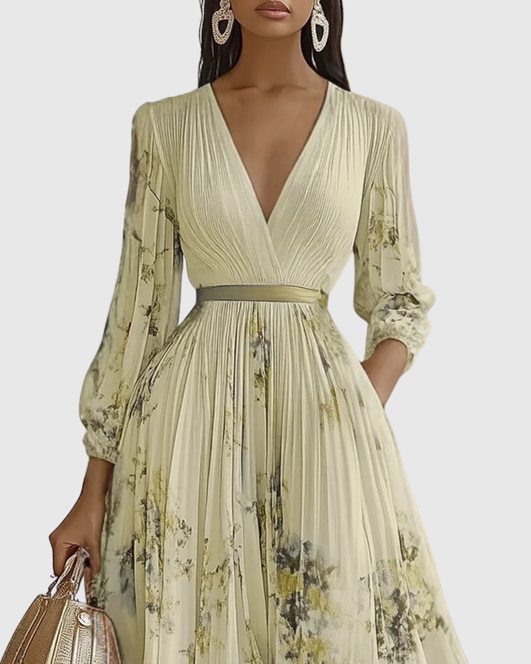 Women's Pleated Floral Midi Dress Wedding Guest V-Neck Ribbon Waist Flowy Summer - Victrafia