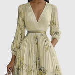 Women's Pleated Floral Midi Dress Wedding Guest V-Neck Ribbon Waist Flowy Summer - Victrafia