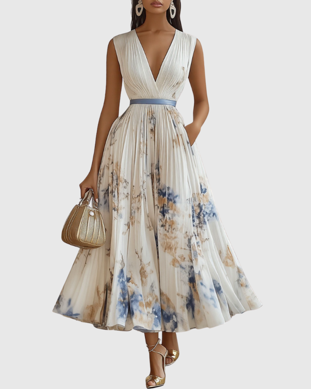 Women's Pleated Floral Midi Dress Wedding Guest V-Neck Ribbon Waist Flowy Summer - Victrafia