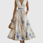 Women's Pleated Floral Midi Dress Wedding Guest V-Neck Ribbon Waist Flowy Summer - Victrafia