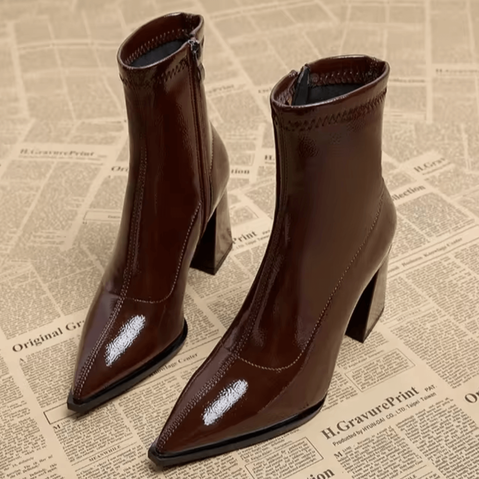Women's Pointed Toe Ankle Boots Block Heel Side Zip Evening Party Booties - Victrafia