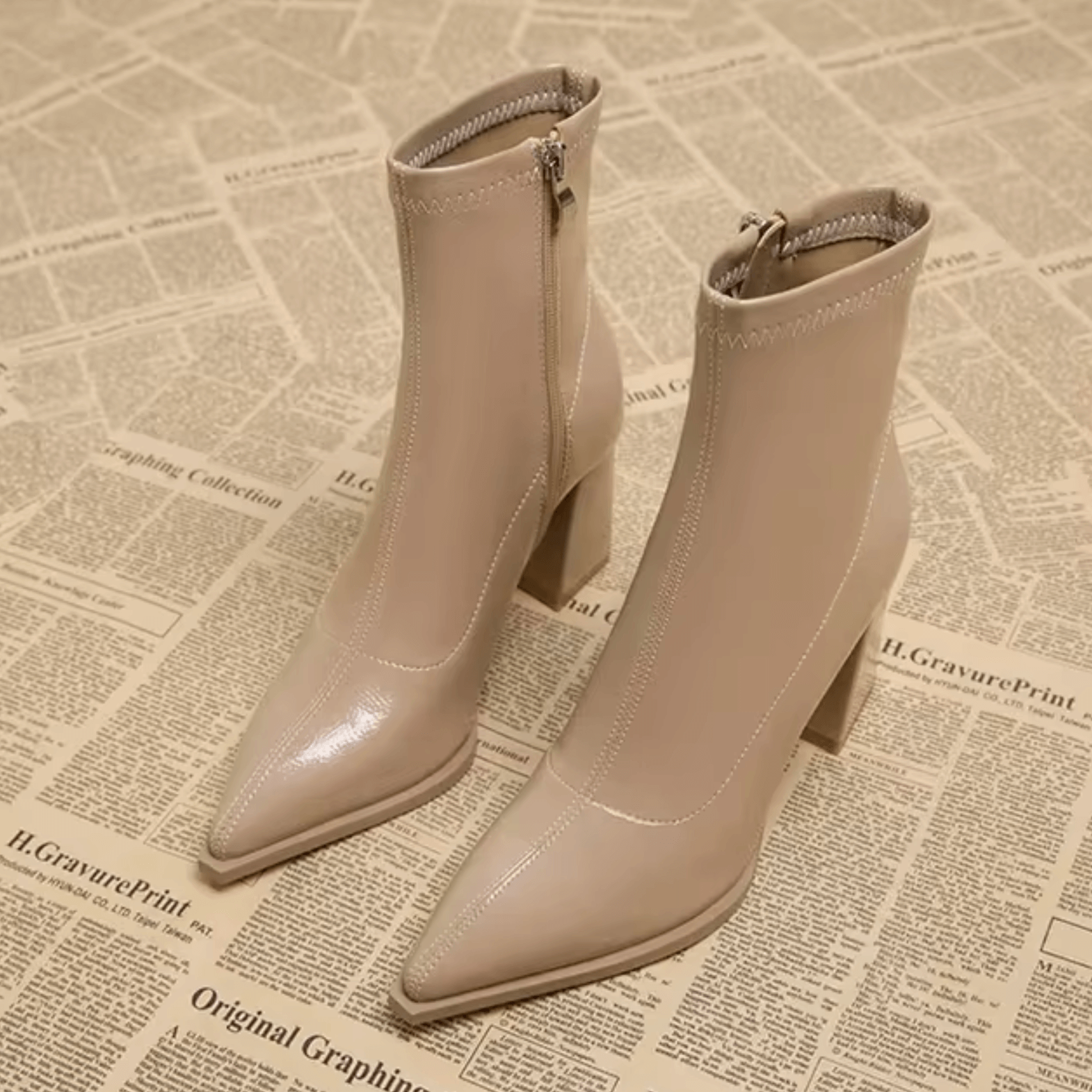 Women's Pointed Toe Ankle Boots Block Heel Side Zip Evening Party Booties - Victrafia