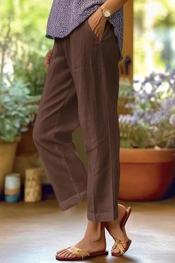Women's Relaxed Fit Linen Trousers Straight Leg Casual Summer Pants Cuffed Hem - Victrafia