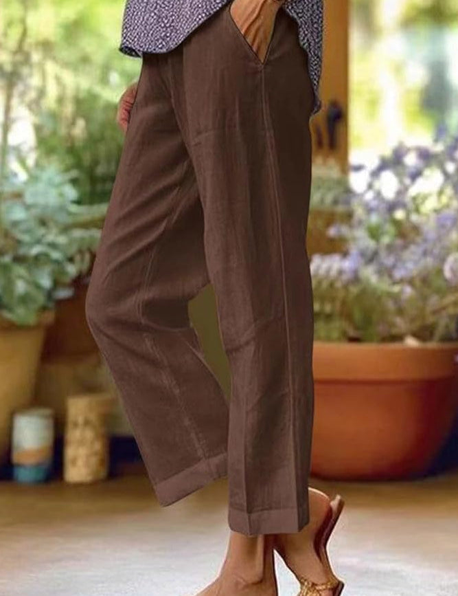 Women's Relaxed Fit Linen Trousers Straight Leg Casual Summer Pants Cuffed Hem - Victrafia