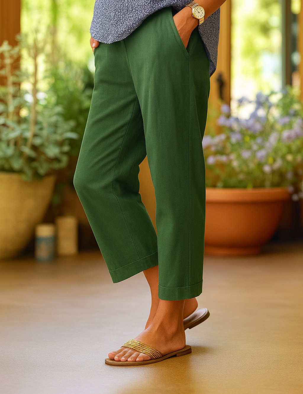 Women's Relaxed Fit Linen Trousers Straight Leg Casual Summer Pants Cuffed Hem - Victrafia