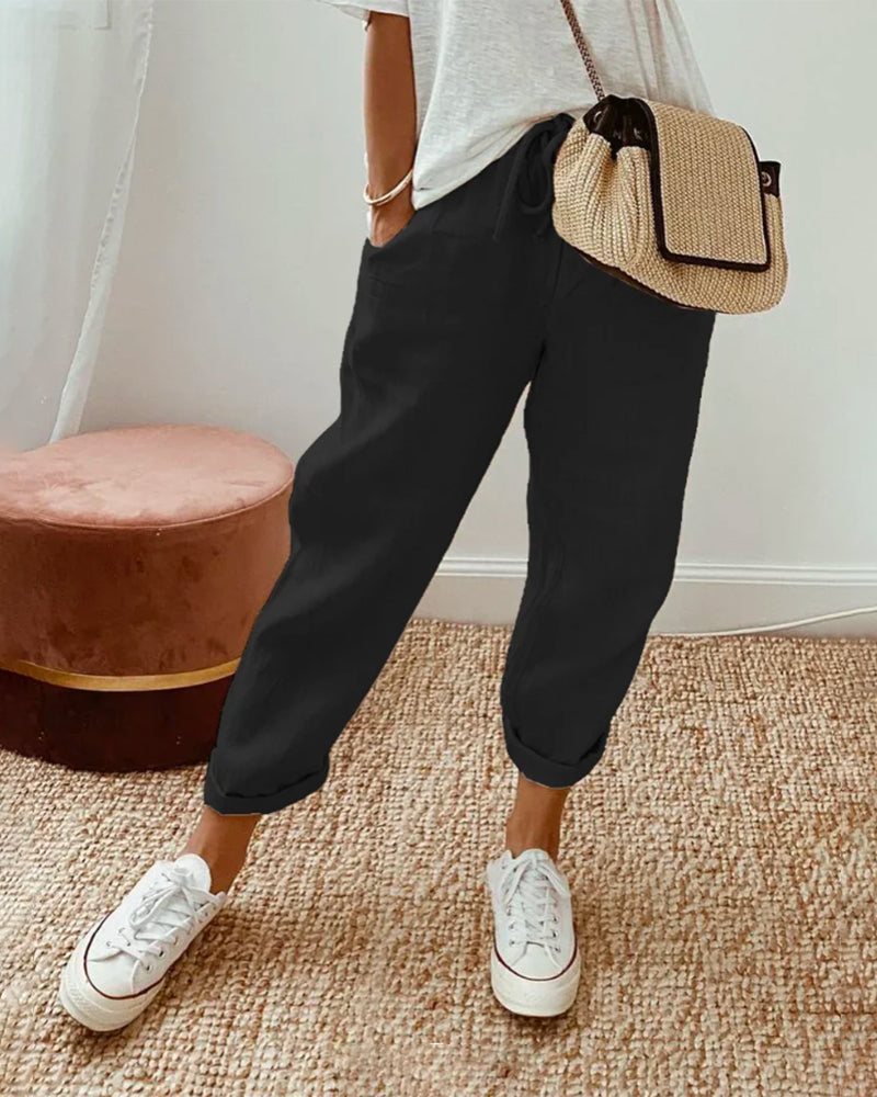 Women's Relaxed Linen Pants Drawstring Waist Casual Summer Joggers - Victrafia