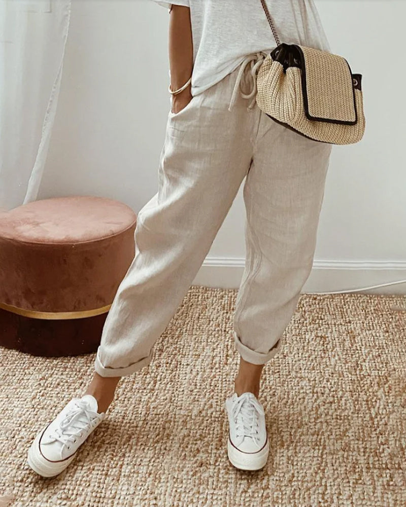 Women's Relaxed Linen Pants Drawstring Waist Casual Summer Joggers - Victrafia
